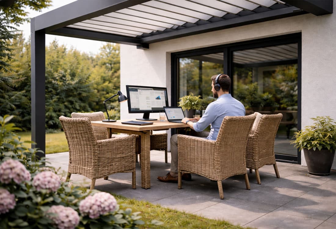 Home office pod pergolou: práca na čerstvom vzduchu bez kompromisov